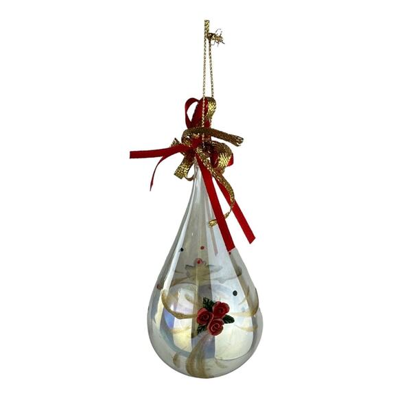 Handblown Glass Teardrop Christmas Ornament Gold & Red Ribbon Rose Embellishment - Picture 5 of 8
